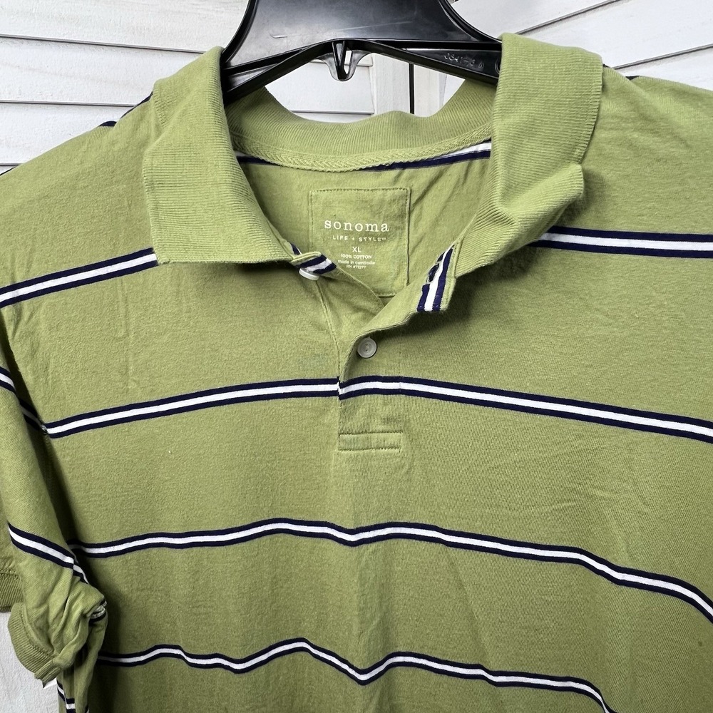 Sonoma Life + Style Olive Green Navy Striped Polo Shirt Men's XL 100% Cotton